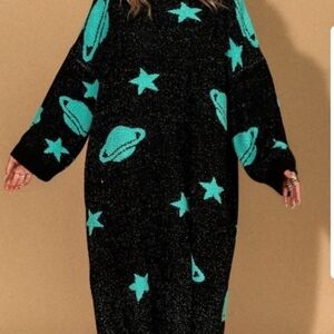 Dressed In LALA Black Sweater with Teal Planet and Star Design